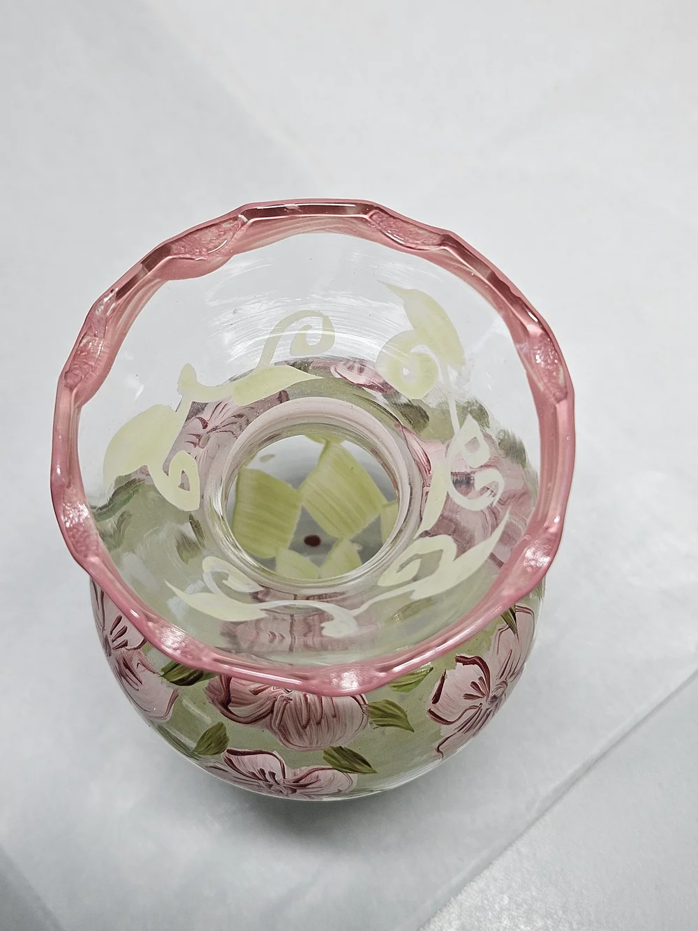 Vintage Tracey Porter Hand-Painted Glass Vase with Pink Floral Design
